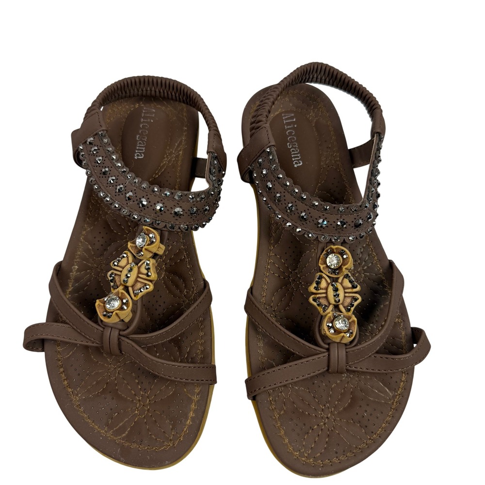 Alicegana Boho Rhinestone Embellished Womens Slingback Sandals Brown